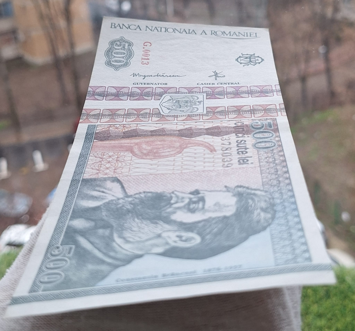 Romania, 500 lei 1992 seria G.0013/378039, filigran fata, Aunc [6]