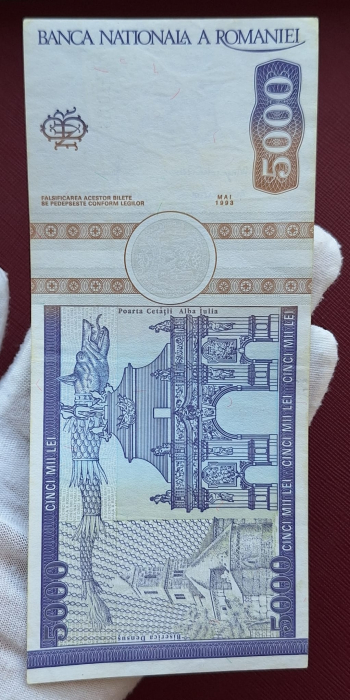 Romania, 5000 lei 1993, seria H.0016/954479, aproape necirculata [8]