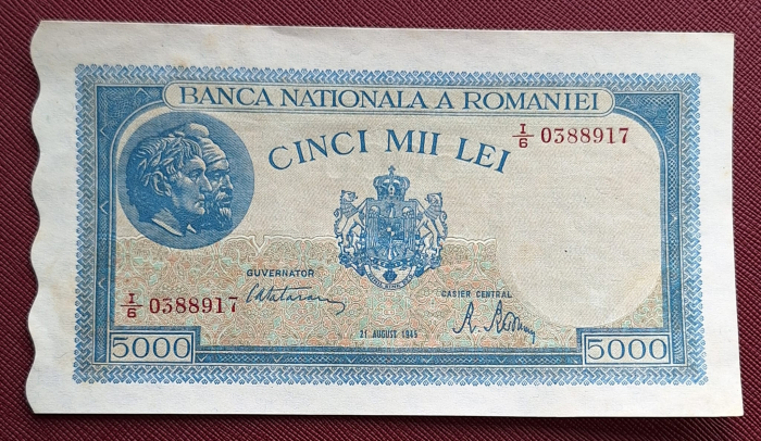 Romania, 5000 lei 21 August 1945, seria I/6 0388917, stare buna [1]