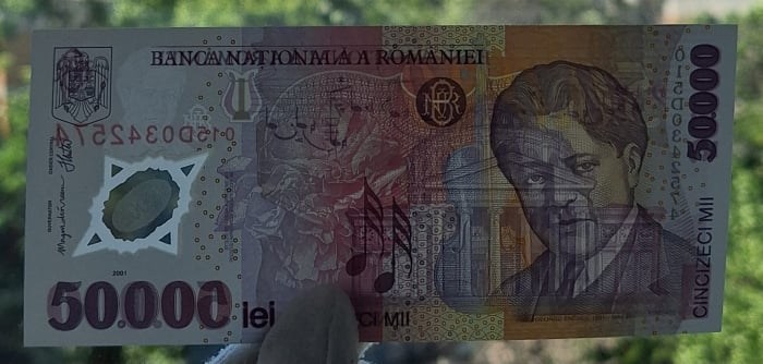 Romania, 50000 lei 2001 George Enescu, seria 015D0342574, UNC [3]