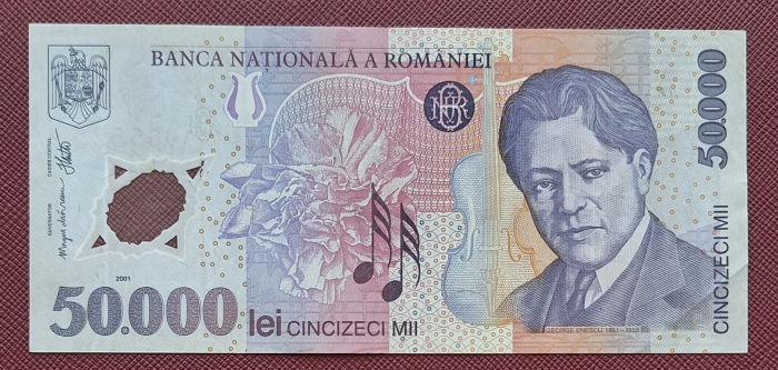 Romania, 50000 lei 2001 George Enescu, seria 017A0655953, circulata [1]