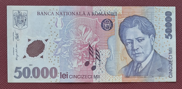 Romania, 50000 lei 2001 George Enescu, seria 023D4611393, circulata [1]