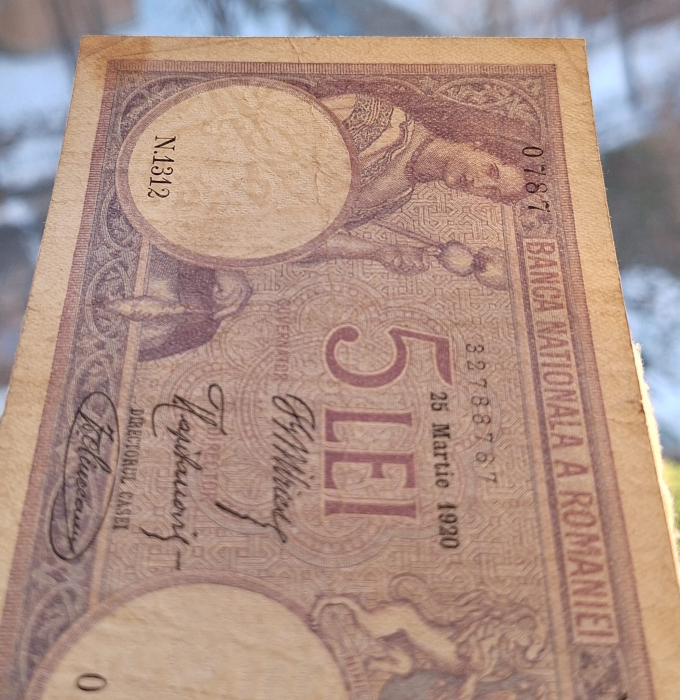 Romania bancnota 5 lei 1920, seria N.1312/0787/32788787, circulata [6]