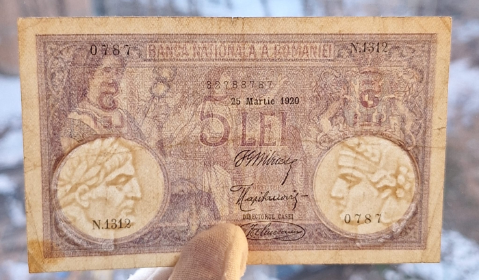 Romania bancnota 5 lei 1920, seria N.1312/0787/32788787, circulata [3]
