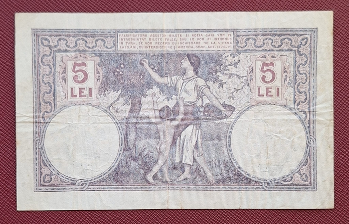 Romania bancnota 5 lei 1920, seria W.2498/0525/62449525, circulata [2]
