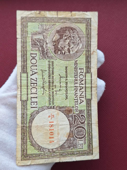 Romania, Ministerul Finantelor, 20 lei 1947-1950, semnaturile lui Alexandrini si Panait Gheorghiu, circulata [4]