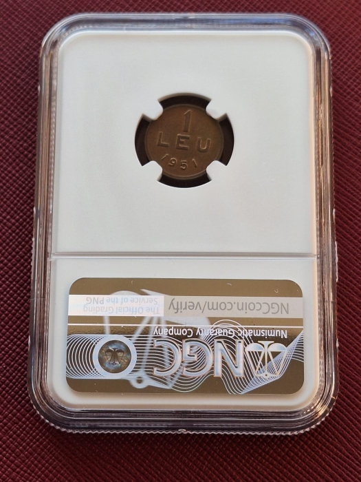 Romania, moneda 1 leu 1951 alama, gradat NGC MS65 [3]