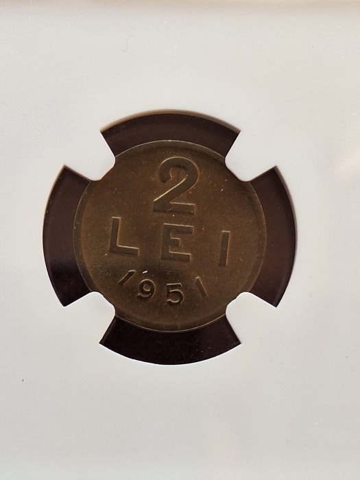 Romania, moneda 2 lei 1951 alama, gradat NGC Cleaned, cu batere dubla [3]