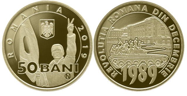 Romania, moneda 50 Bani 2019 proof, Revolutia Romana, incapsulata [1]