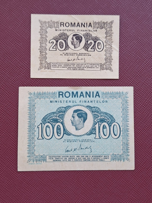 Romania, set 20 Lei + 100 Lei 1945, Regele Mihai, aproape necirculate [1]
