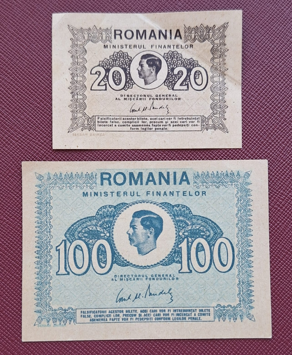 Romania, set 20 Lei + 100 Lei 1945, Regele Mihai, aproape necirculate [1]