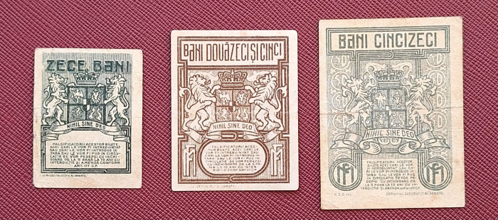 Romania, set 3 bancnote: 10 Bani, 25 Bani, 50 Bani 1917, Regele Ferdinand I [2]
