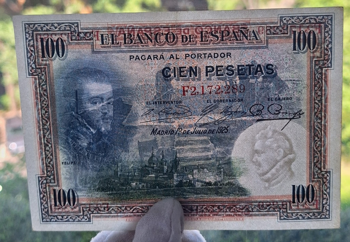 Spania 100 pesetas 1925, Filip II, aproape necirculata [3]