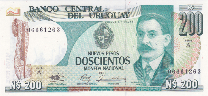 Uruguay 200 Nuevos Pesos 1986,  José Enrique Rodo, necirculata [2]