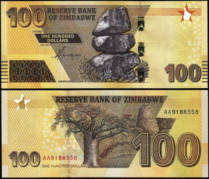ZIMBABWE 100 dollars 2020, prefix AA, necirculata [1]
