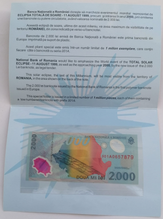 Romania, bancnota 2000 Lei 1999 Eclipsa, in pliant BNR [1]