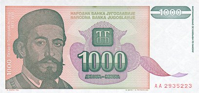 Iugoslavia - Iugoslavia, 1000 Dinari 1994, Pedro II al Muntenegrului, necirculata