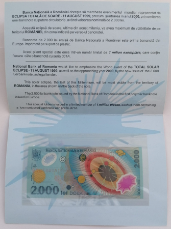 Idei cadouri - Romania, bancnota 2000 Lei 1999 Eclipsa, in pliant BNR