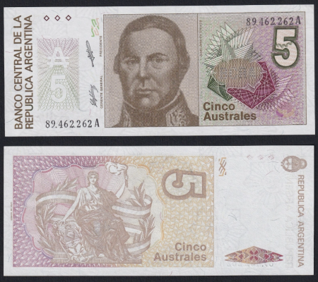 Bancnote - ARGENTINA 5 australes 1989, Justo José de Urquiza, necirculata