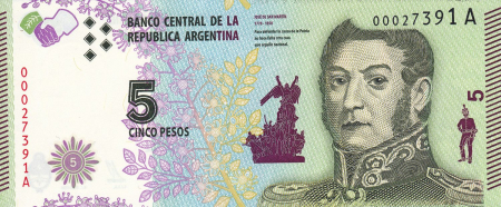 Bancnote America - Argentina 5 Pesos 2015, semne pentru nevazatori, necirculata