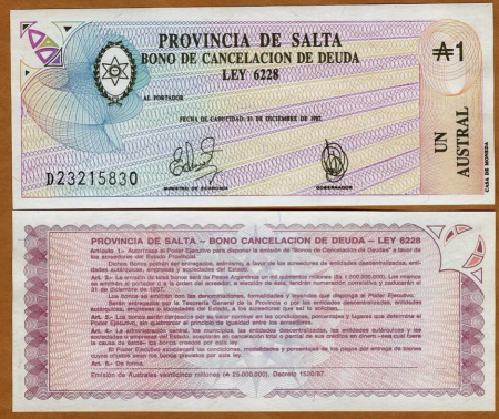 Bancnote straine - Argentina - Salta - 1 Austral 1987, necirculata
