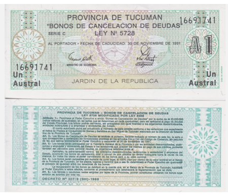 Bancnote - Argentina - Tucuman - 1 Austral 1991, necirculata