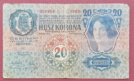Bancnote Europa - Austro-Ungaria, 20 coroane 1913, circulata