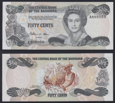 Bancnote straine - Bahamas 1/2 Dolari 1974, Regina Elisabeta II, necirculata