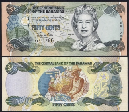 Bancnote - Bahamas 1/2 Dolari 2001, Regina Elisabeta II, necirculata