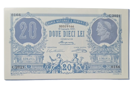 Bancnota Romania 20 lei 2021, replica BNR din polimer dupa 20 lei 1881 [1]