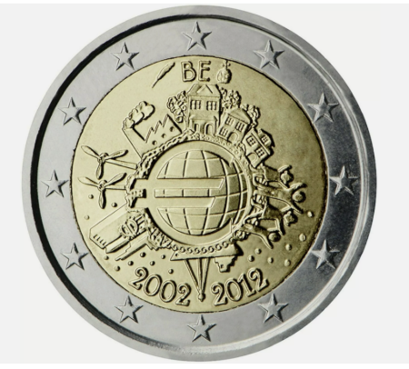 Monede Euro, Eurocenti - Belgia 2 euro 2012, 10 ani de la introducerea Euro, UNC