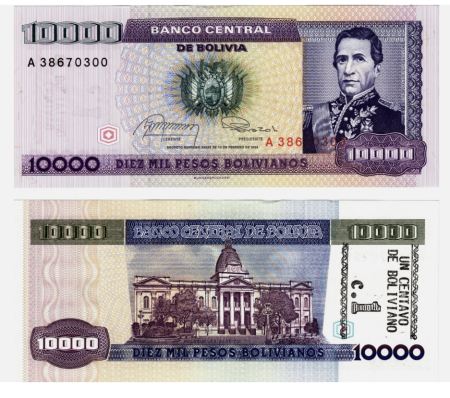 Bolivia - Bolivia 1 centavo overprint 10000 Pesos Bolivianos 1984, UNC