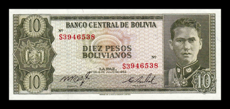 Bolivia - Bolivia 10 Pesos Bolivianos 1962, Colonelul Germán Busch, aproape necirculata