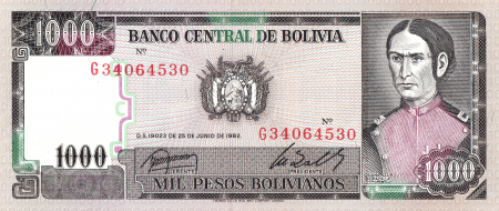 Bancnote straine - Bolivia 1000 Pesos Bolivianos 1982, Juana Azurduy, UNC