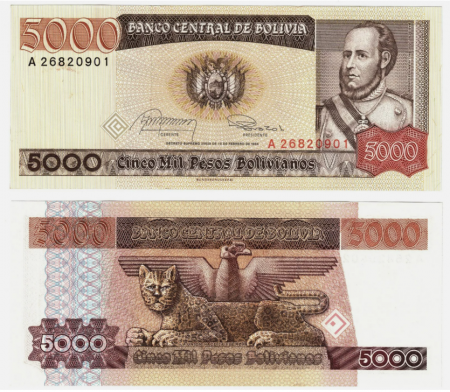 Bancnote straine - Bolivia 5000 Pesos 1984, necirculata