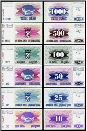 Bosnia - Bosnia set 6 bancnote: 10 25 50 100 500 1000 Dinari 1992, UNC