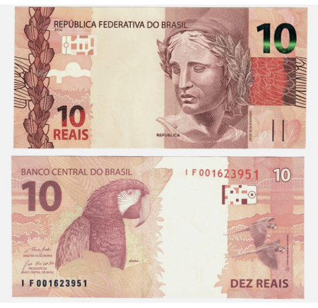 Bancnote - BRAZILIA 10 reais 2019, Papagal Ara cu aripi verzi, necirculata