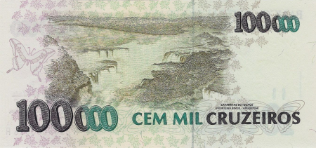 Bancnote - Brazilia, 100 000 Cruzeiros 1994, pasare colibri si cascadele Iguazu, Aunc