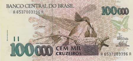 Brazilia, 100 000 Cruzeiros 1994, pasare colibri si cascadele Iguazu, Aunc [1]
