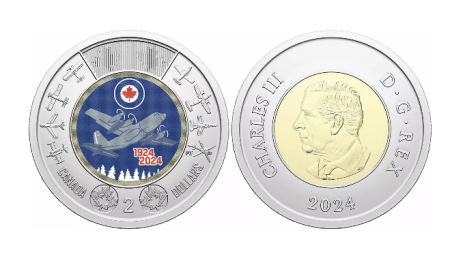 Monede straine - Canada 2 dolari 2024 colorata, Centenarul Aviatiei, Regele Charles III, necirculata