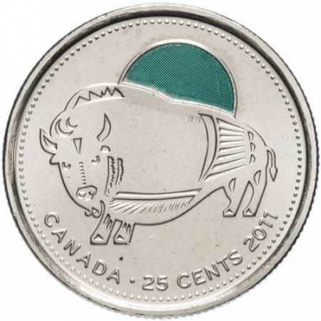 Monede America - Canada 25 centi 2011, viata in Nord - Bizonul (colorata)