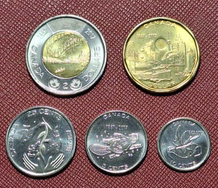 Canada set 5 monede 2017: 5,10,25 Centi, 1, 2 Dolari, 150 ani de Independenta, UNC [1]