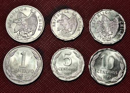 Monede America - Chile set 3 monede 1975-1977: 1,5,10 Centavos, Condorul Andin