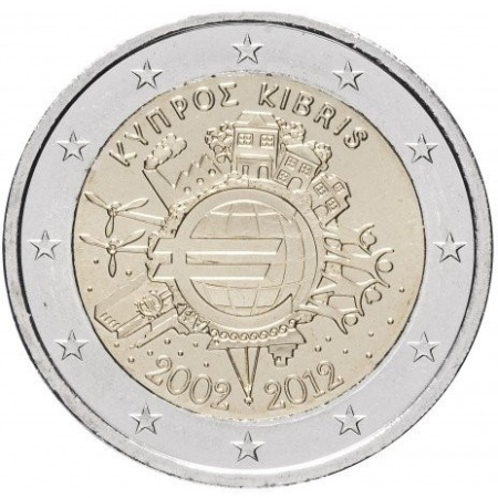 Monede Euro, Eurocenti - Cipru 2 euro 2012, 10 ani de la introducerea Euro, UNC
