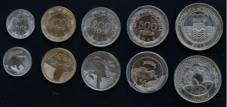 Monede America - Columbia set 5 monede 2012-2013: 50, 100, 200, 500, 1000 Pesos, Animale, UNC