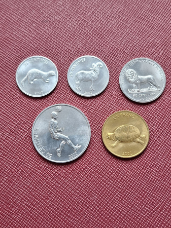 Monede Africa - Congo set 5 monede 2002: 2x 25 Centimes, 2x50 Centimes, 1 Franc, Animale, UNC
