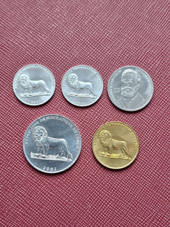 Congo set 5 monede 2002: 2x 25 Centimes, 2x50 Centimes, 1 Franc, Animale, UNC [1]