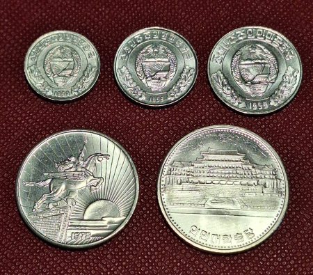 Coreea de Nord set 5 monede 1959-1987: 1,5,10,50 Chon, 1 Won, UNC [0]