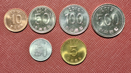 Coreea de Sud set 6 monede: 1 won 1979, 5 won 1983, 10,50,100,500 Won 2012-2015, UNC [1]