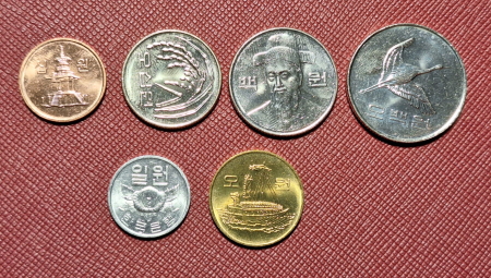 Monede Asia - Coreea de Sud set 6 monede: 1 won 1979, 5 won 1983, 10,50,100,500 Won 2012-2015, UNC